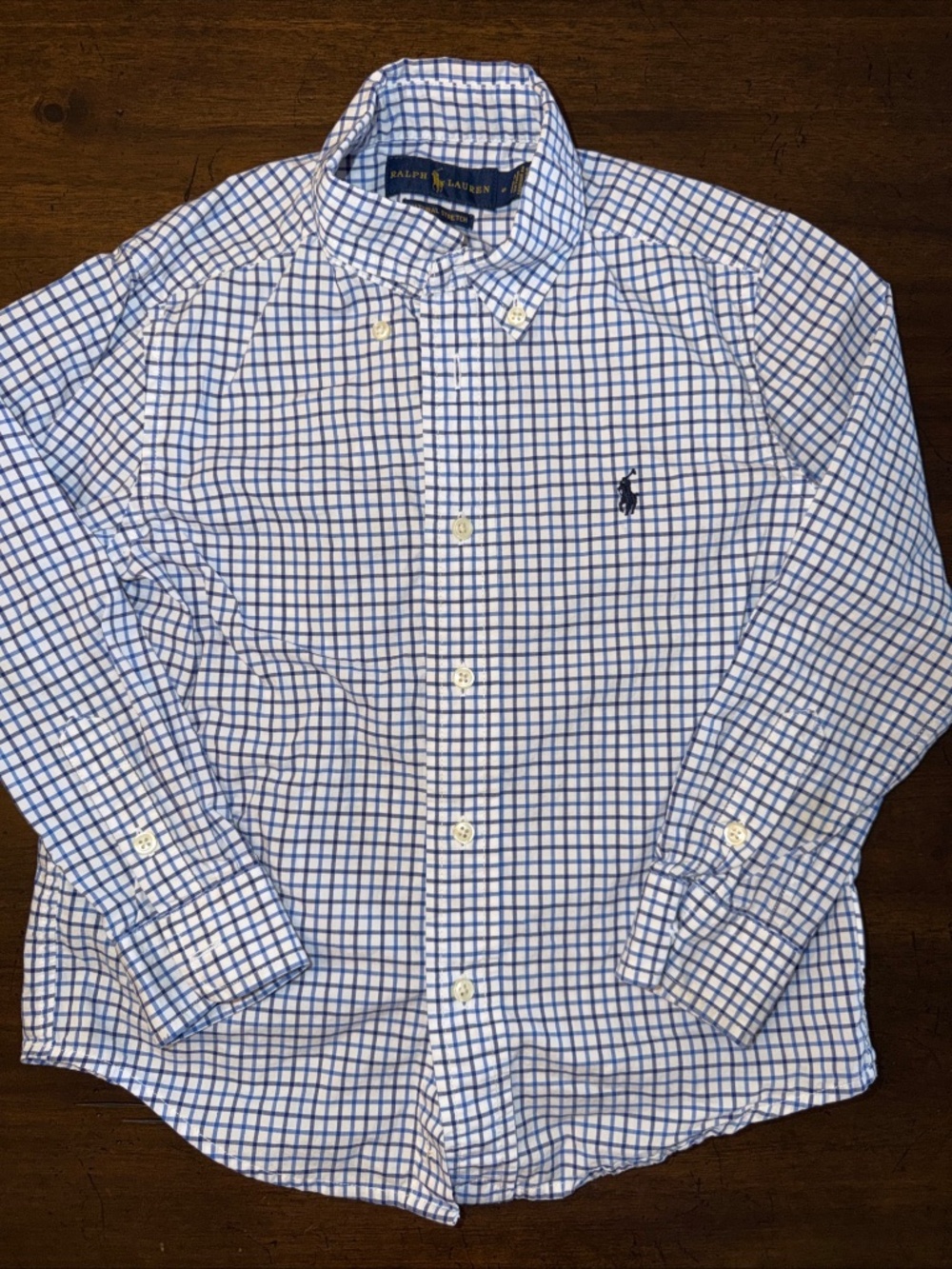 Ralph Lauren Boys Blue White Check Button-Down Collar Shirt Cotton Stretch Sz 5
